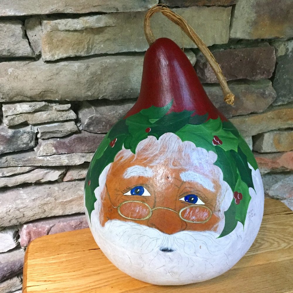 VTG Gourd Hand Painted Santa Holly Artist Signed Hand Crafted Artisan Christmas